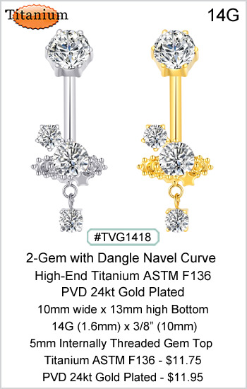 TVG1418 Titanium ASTM F136 PVD 24kt Gold Plated - 2-Gem with Dangle Navel MAIN