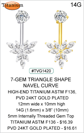TVG1420 TITANIUM ASTM F136,  PVD 24kt GOLD PLATED - 7-Gem Triangle Shape Navel MAIN