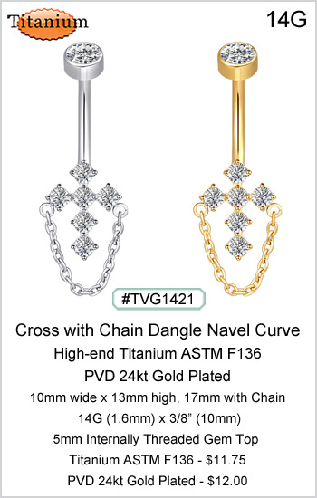 TVG1421 Titanium ASTM F136 - Gem Cross with Chain Dangle Navel MAIN