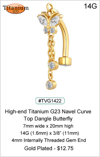 TVG1422 Top Dangle Butterfly Navel Titanium ASTM F136  - PVD 24kt Gold Plated MAIN