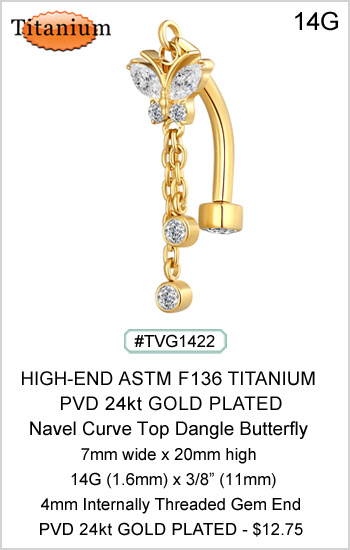 TVG1422 Top Dangle Butterfly Navel Titanium ASTM F136  - PVD 24kt Gold Plated MAIN