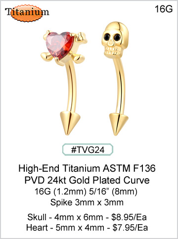 TGV24 - Skull and Heart Curves - PVD 24kt Gold Plated Titanium ASTM F136 16G MAIN