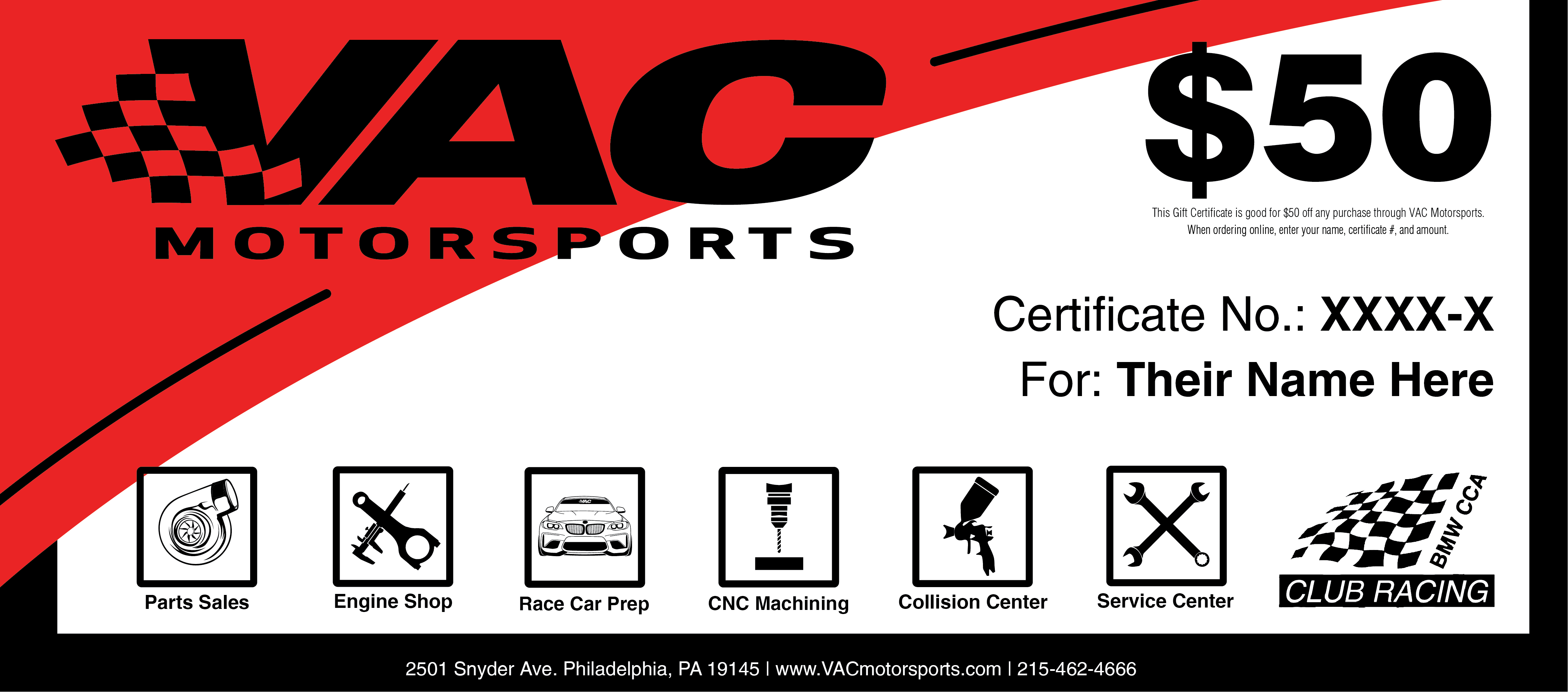 VAC Motorsports Gift Certificates MAIN