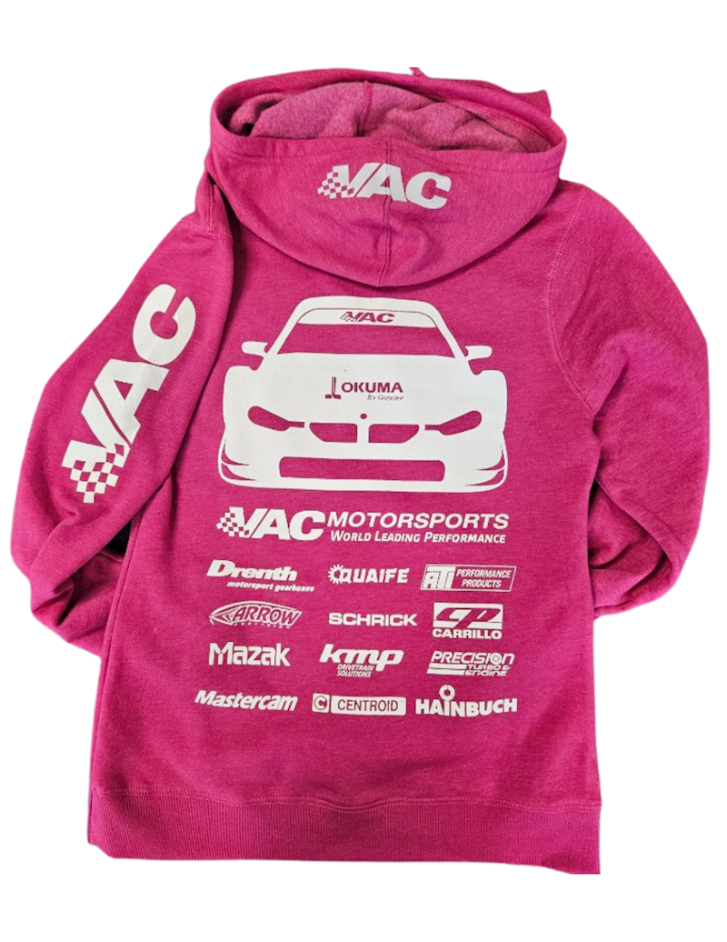 Detail shot of motorsport sponsor logos on the back of VAC Motorsports women’s hoodie SWATCH