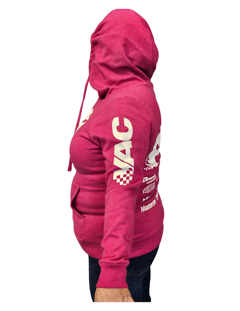 Woman wearing pink VAC Motorsports Women Who Wrench hoodie, side view showing VAC sleeve print SWATCH