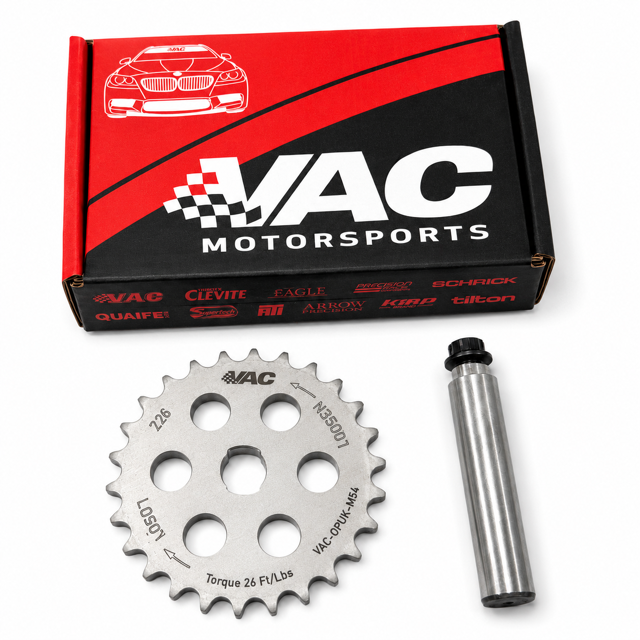 VAC Motorsports Oil Pump Upgrade Kit for BMW M52tu/M54, shows sprocket and shaft THUMBNAIL
