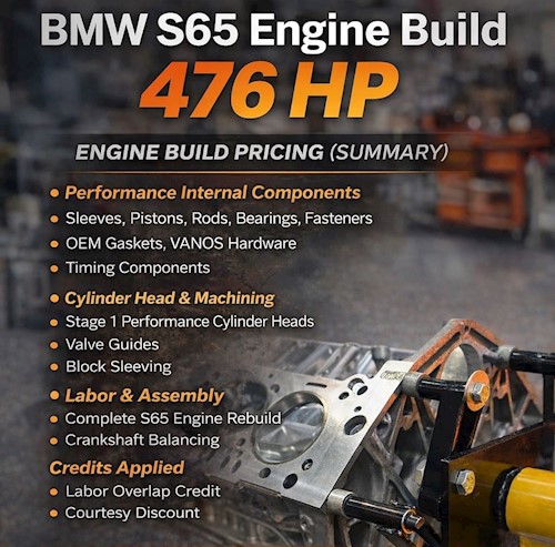 BMW S65 V8 engine on stand featuring forged pistons, sleeved block, and VAC performance build MAIN