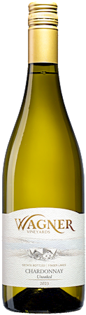 A bottle of our Unoaked Chardonnay with our vinifera wine label featuring our distinctive Octagon shaped winery. MAIN