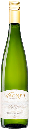 Bottle shot of our Dry Gewurztraminer wine with our vinifera label featuring our distinctive Octagon shaped winery MAIN