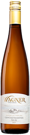 Bottle of Semi-Dry Gewurztraminer wine with our vinifera wine label featuring our distinctive Octagon shaped winery MAIN