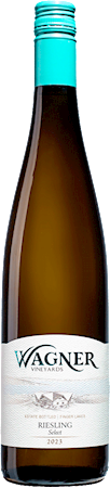 Bottle of Select Riesling wine (One of our sweeter Riesling) with our vinifera label featuring our Octagon shaped winery MAIN
