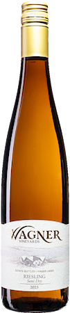 Bottle of Semi-Dry Riesling wine with our vinifera wine label featuring our distinctive Octagon shaped winery. MAIN