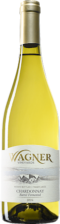 Bottle of Barrel Fermented Chardonnay with our vinifera wine label featuring our distinctive Octagon shaped winery. MAIN