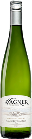 Bottle shot of our Dry Gewurztraminer wine with our vinifera label featuring our distinctive Octagon shaped winery MAIN