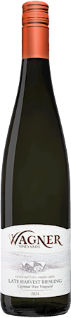 Bottle of our Late Harvest Caywood West Riesling with our vinifera label featuring our Octagon shaped winery MAIN
