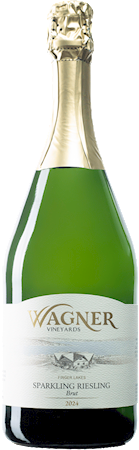 Bottle of Sparkling Riesling wine with our vinifera wine label featuring our distinctive Octagon shaped winery. MAIN