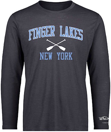 Long sleeve t-shirt in navy with light blue text that says Finger Lakes New York MAIN