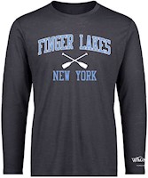 Long sleeve t-shirt in navy with light blue text that says Finger Lakes New York MAIN