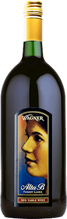 A magnum sized bottle of Alta B Red. A sweeter red wine with a label featuring the winery founder's mother, Alta B. MAIN