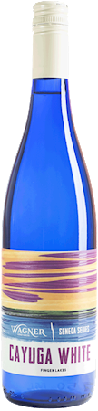 A bottle of our native white varietal, Cayuga White with our Seneca Series label inspired by the sunsets on Seneca Lake MAIN