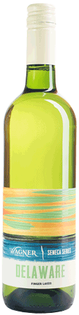 A bottle of our native white varietal, Delaware with our Seneca Series label inspired by the sunsets on Seneca Lake MAIN