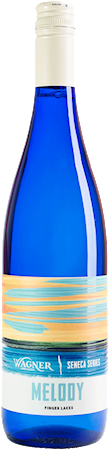 Bottle of our single varietal Melody wine with our Seneca Series label inspired by the sunsets on Seneca Lake MAIN