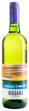 Bottle of the New York Native varietal, Niagara wine with our Seneca Series label inspired by the sunsets on Seneca Lake MAIN