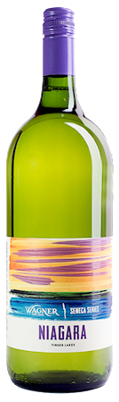 Magnum size bottle of Niagara wine with our Seneca Series label inspired by the sunsets on Seneca Lake MAIN