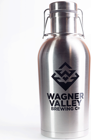 64oz Stainless Steel growler with the Wagner Valley Brewing Co Logo MAIN