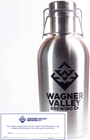 64oz Stainless Steel growler with the Wagner Valley Brewing Co Logo w/ Fill Certificate MAIN
