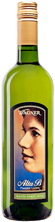 A bottle of Alta B White. A sweeter white wine with a label featuring the winery founder's mother, Alta B. MAIN