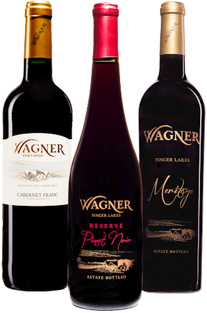 3 Bottle collection of dry reds. One bottle each of Cabernet Franc, Meritage, and Reserve Pinot Noir. MAIN