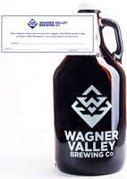 64oz Glass Jug growler with the Wagner Valley Brewing Co Logo w/ Fill Certificate THUMBNAIL