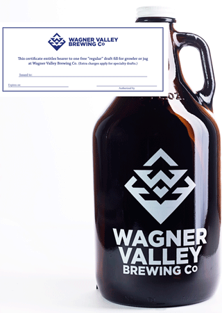 64oz Glass Jug growler with the Wagner Valley Brewing Co Logo w/ Fill Certificate MAIN